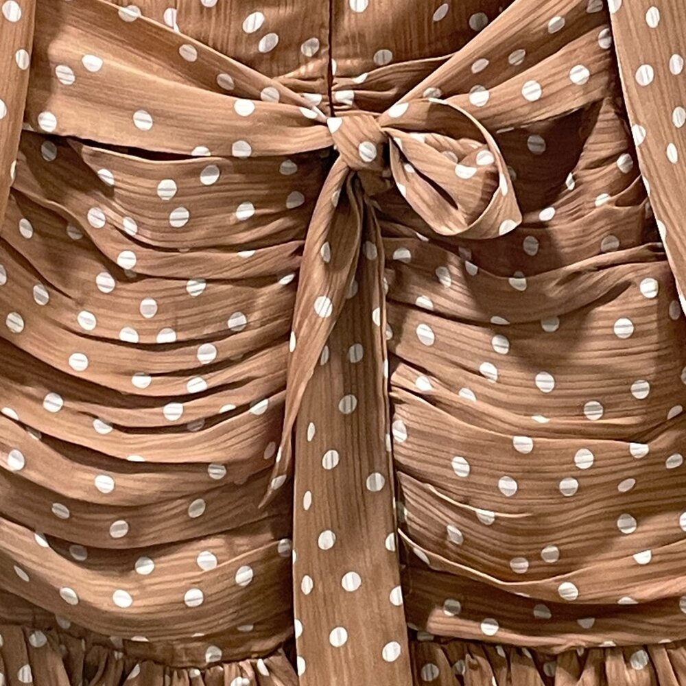 STORIA Long Sleeve Mini Dress V-Neck Ruched Polka Dot  Tan/White Women S - Picture 10 of 13